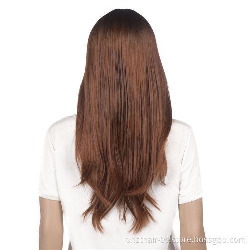New product Heat Resistant Hair Black Color  Wig For Black Women Middle Part Hand Tied Long Silky Straight Long Wig Ombre Color